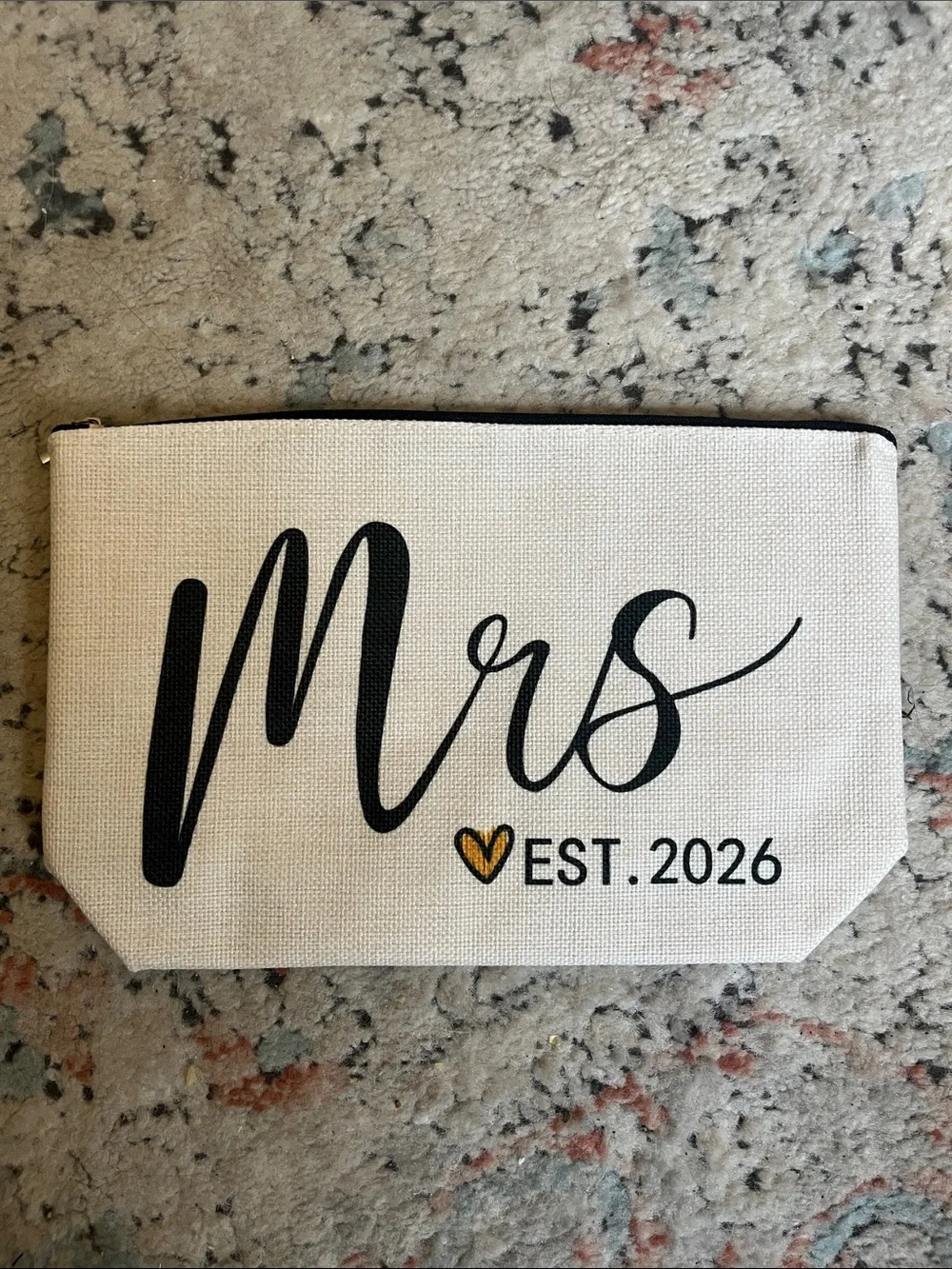 NWOT Mrs Est. 2026 Canvas Zipper Pouch - Cream & Black with Gold Heart